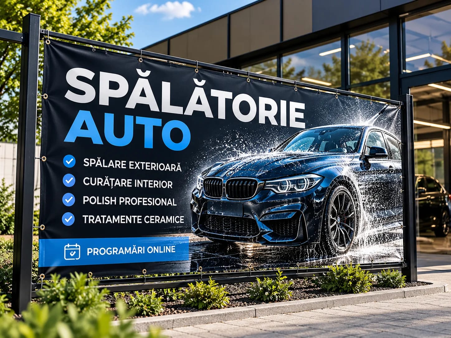 Banner publicitar mare pentru o spălătorie auto, montat pe un cadru metalic
