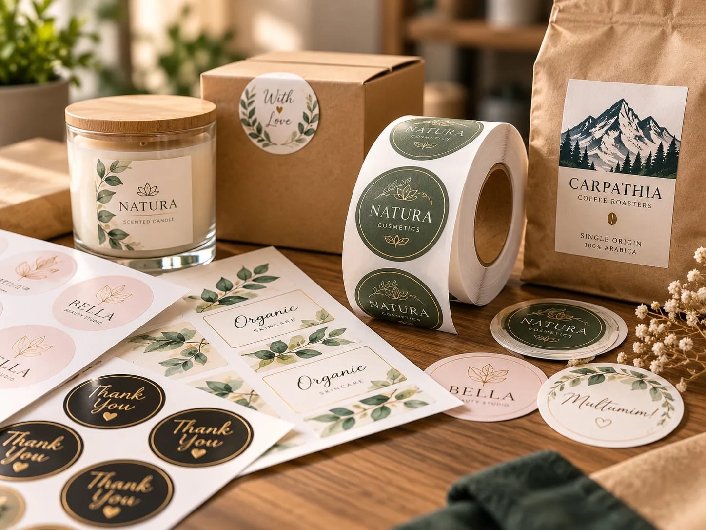 Stickere și etichete personalizate pe o lumânare, o cutie, o rolă și o pungă de cafea