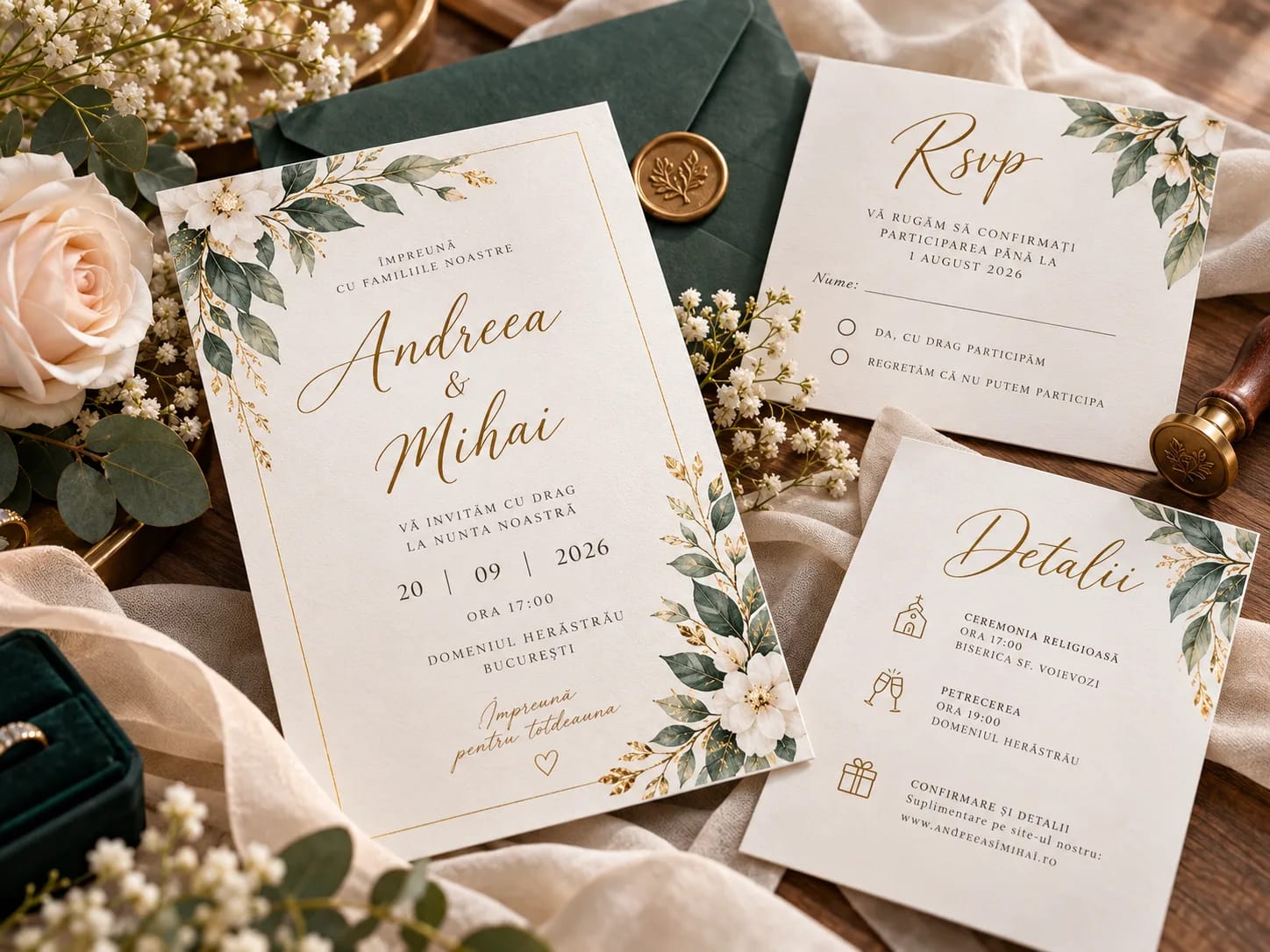 Set de invitații de nuntă cu model floral verde și auriu, plic și sigiliu de ceară