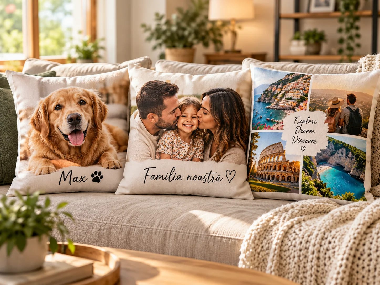 Perne personalizate cu fotografii: un câine, o familie și un colaj de călătorie