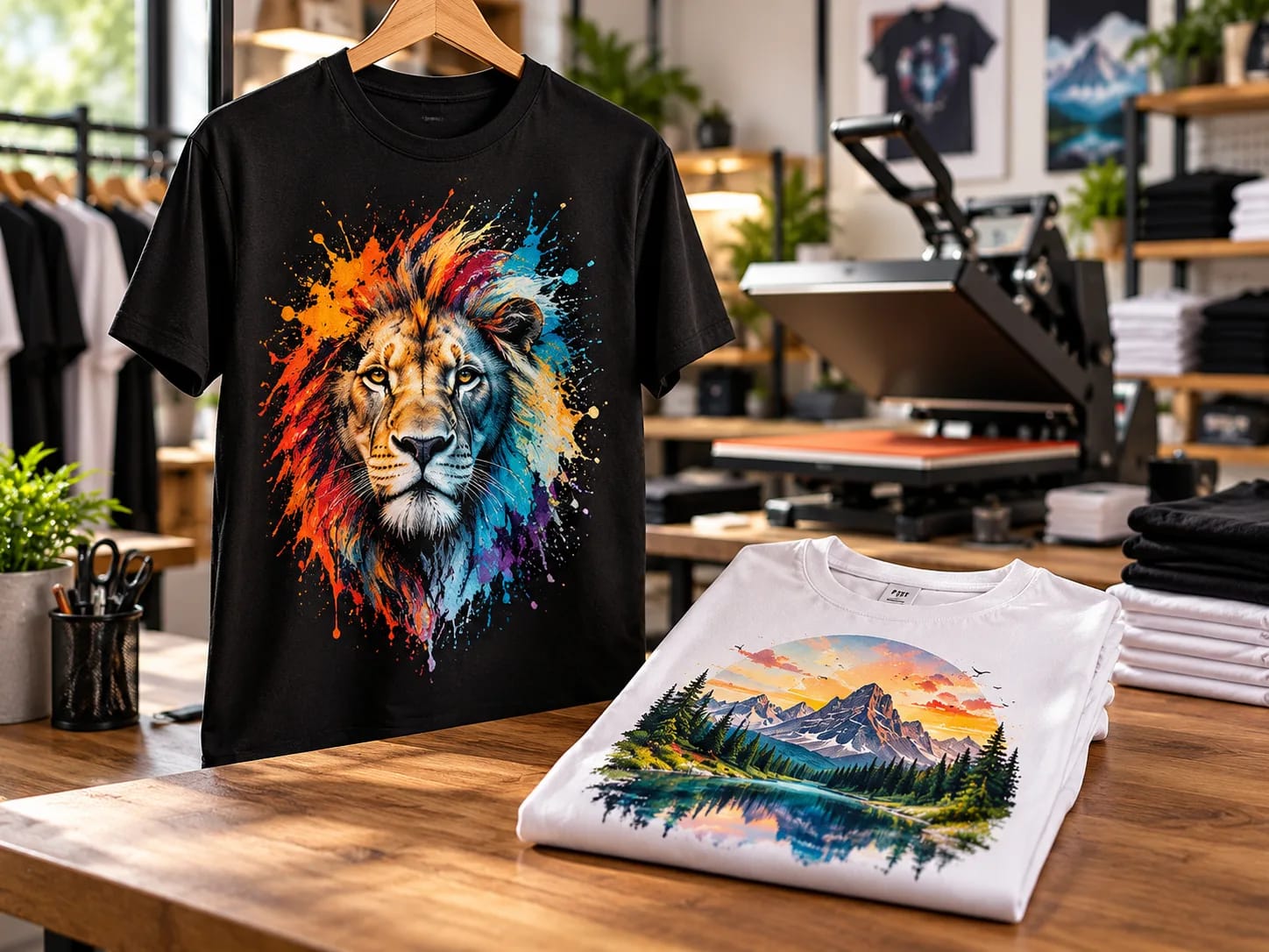 Tricou negru cu un leu colorat și tricou alb cu peisaj montan, lângă o presă termică